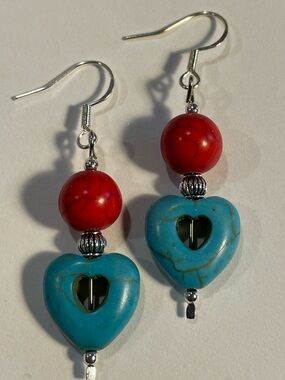 ✔️✔️Turquoise and Red Howlite  Dangle Earrings - .925 Sterling Silver Ear Wires